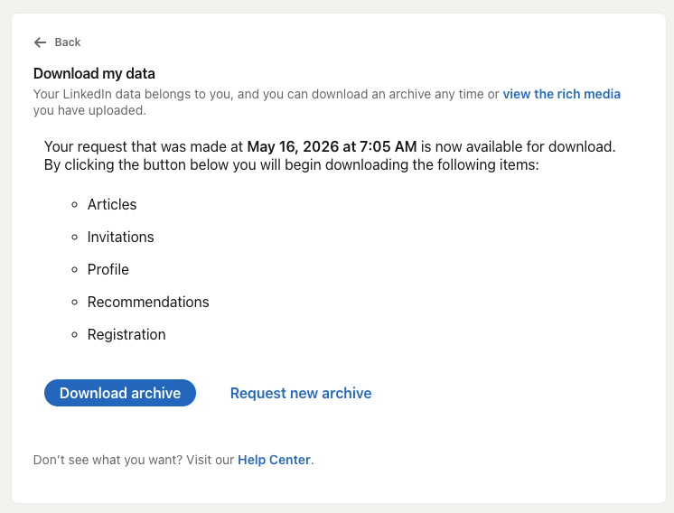 LinkedIn Download my data page showing the Download archive and Request new archive buttons