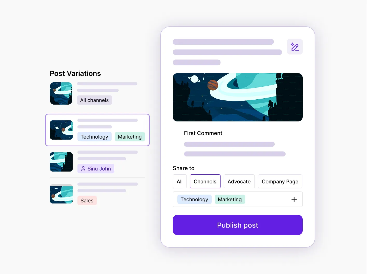 Illustration showing how Ambo's AI-assisted content creation transforms existing content into LinkedIn posts, making it easier for employees and leaders to share insights consistently.