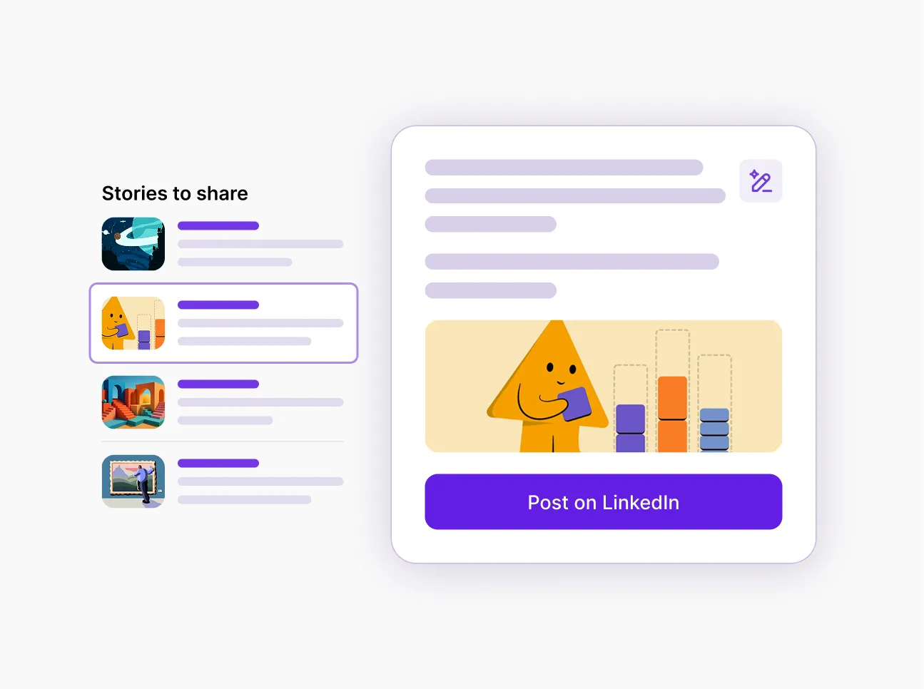 Illustration representing employee advocacy, showing how an advocate shares a story from list of stories