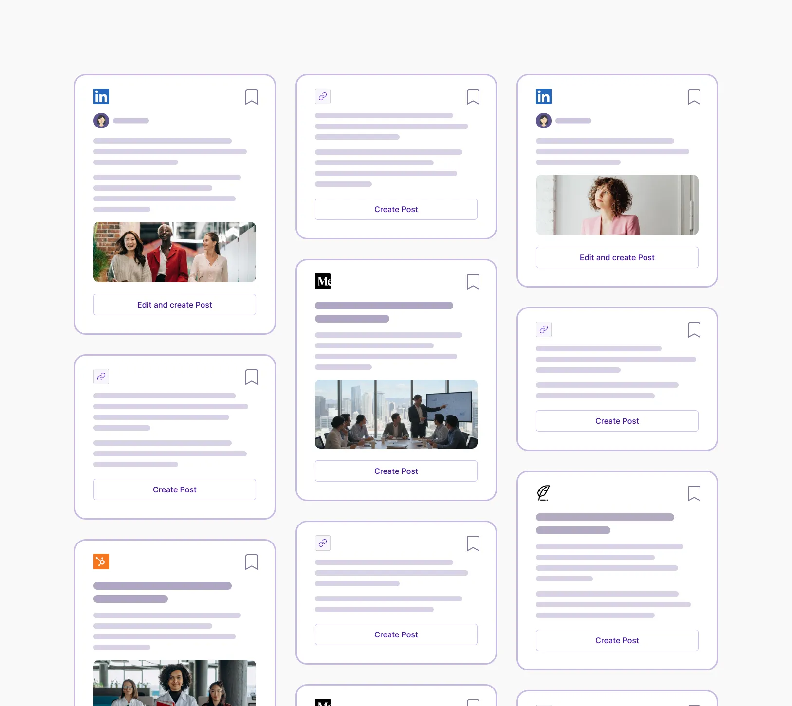 Visual representation of an inspiration hub for content distribution, displaying a selection of ready-to-use post ideas for the company.