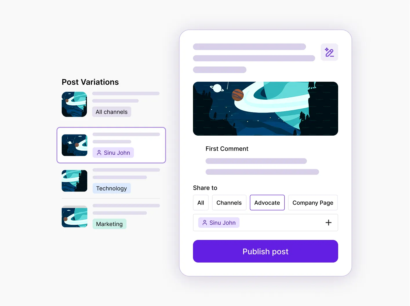 Illustration depicting LinkedIn leadership activation, where an administrator creates and publishes a post on behalf of a leadership profile